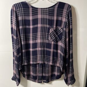 Cloth & Stone Medium Top Plaid Lace Up Back Blouse Navy Blue Purple Lightweight